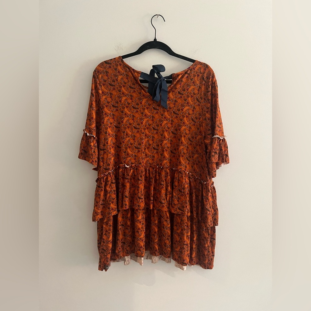 Matilda Jane Floral Tiered Babydoll Top Large Burnt Orange Tie Back - Picture 4 of 4